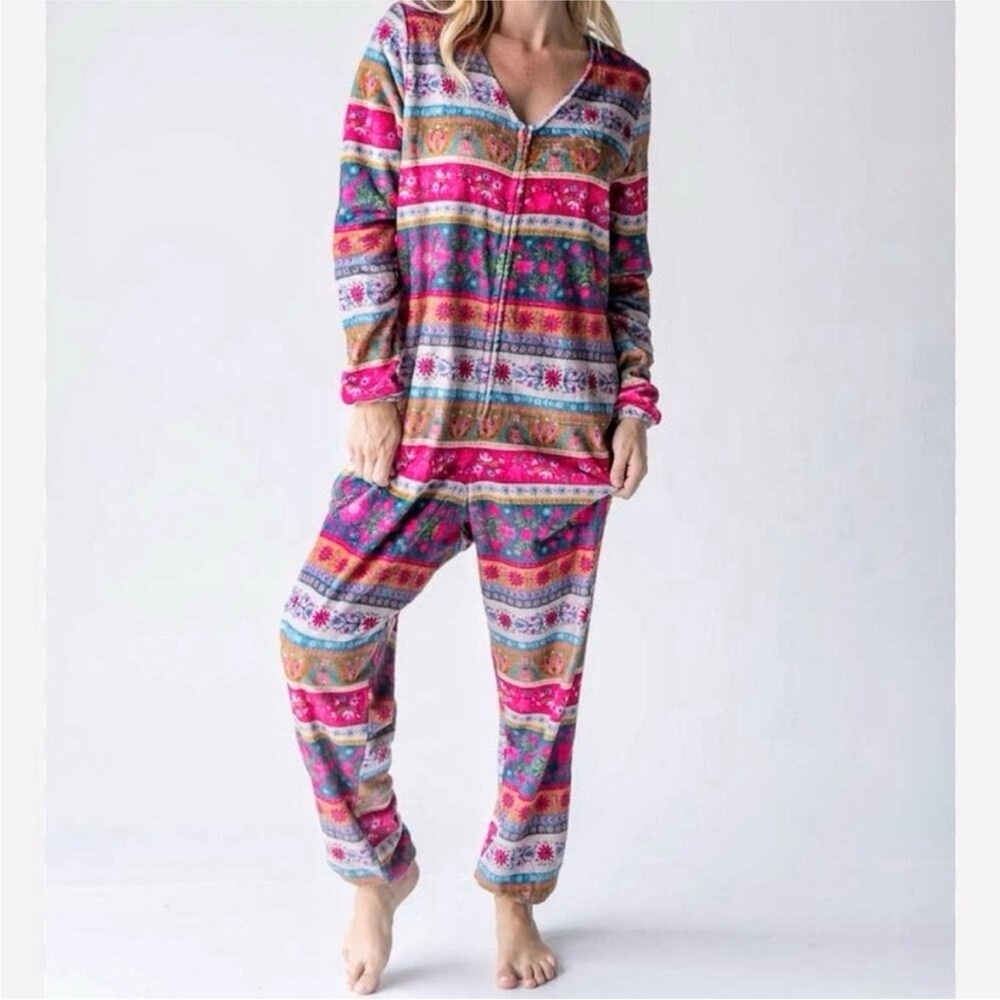 Natural Life Fleece Floral Pajama Zip Up Onsie Boho Multicolor XS oversized